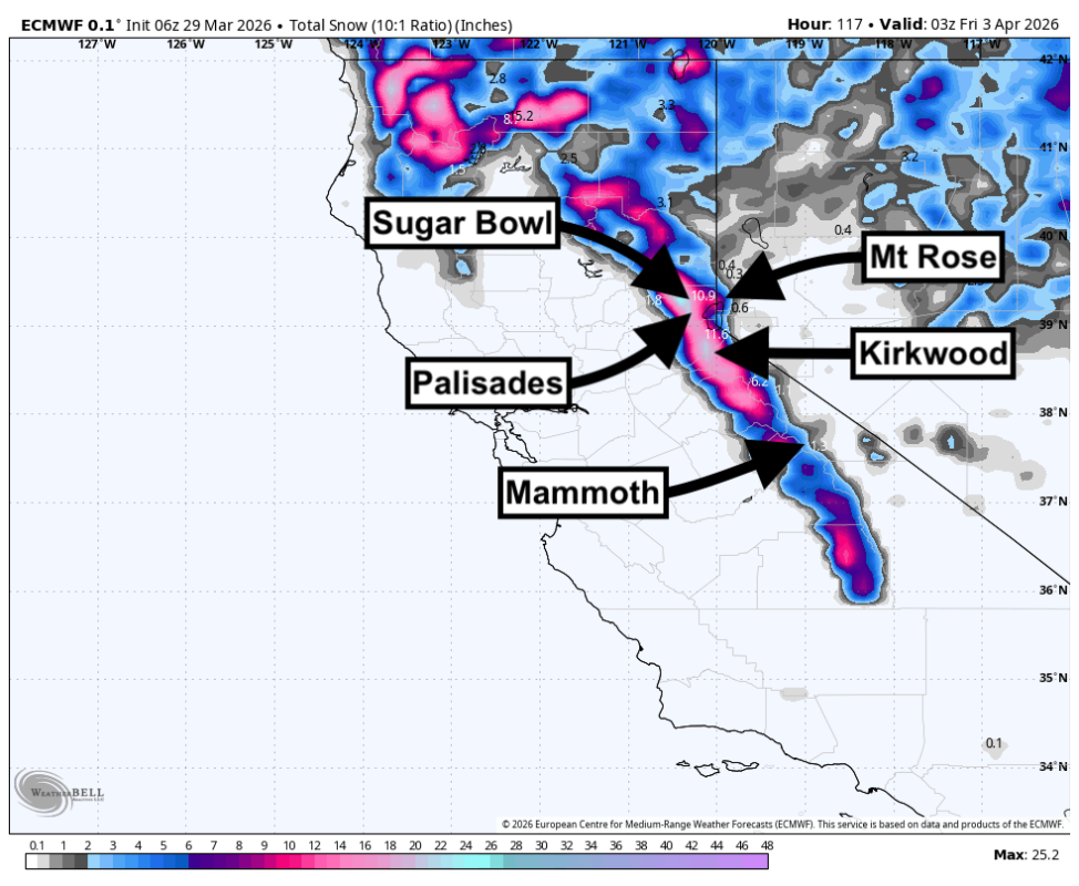 California Storm Totals Drop, Up to 18 Inches of Snow Still Expected